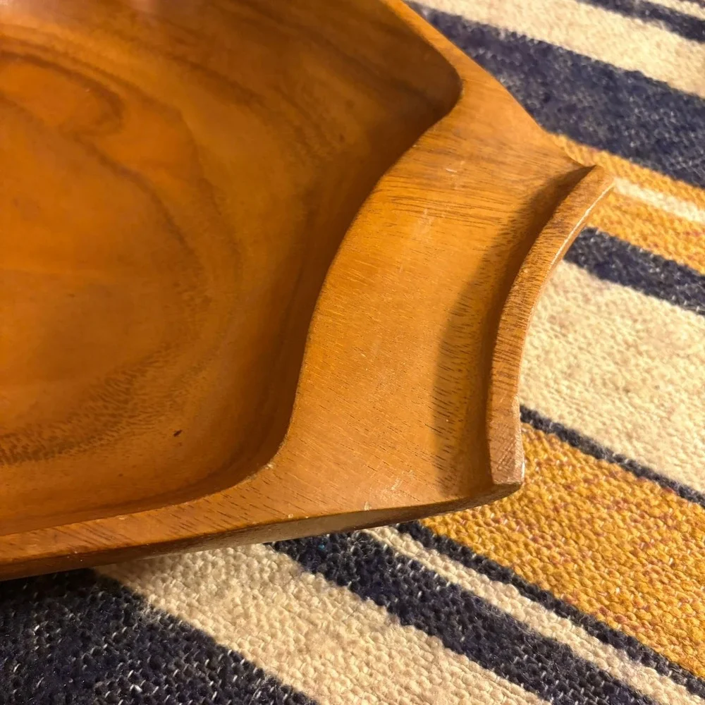 VTG Wood Shell Bowl 12in Brown MCM Tropical Tiki Coastal Serving Dish